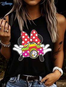 Disney 1件女士卡通印花吊带背心，时尚女士背心，圆领弹力面料，适合日常穿着，易护理面料，休闲女士背心 - 黑色 - 查看 3