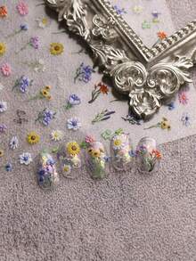 春夏花卉浮雕美甲贴纸 - 树叶、蜻蜓和雏菊，情人节适用，适合女性日常生活、婚礼和节日。一次性自粘背胶美甲贴纸，中国风清新简约主题，易于粘贴，美甲装饰贴纸。 - 彩色 - 查看 4