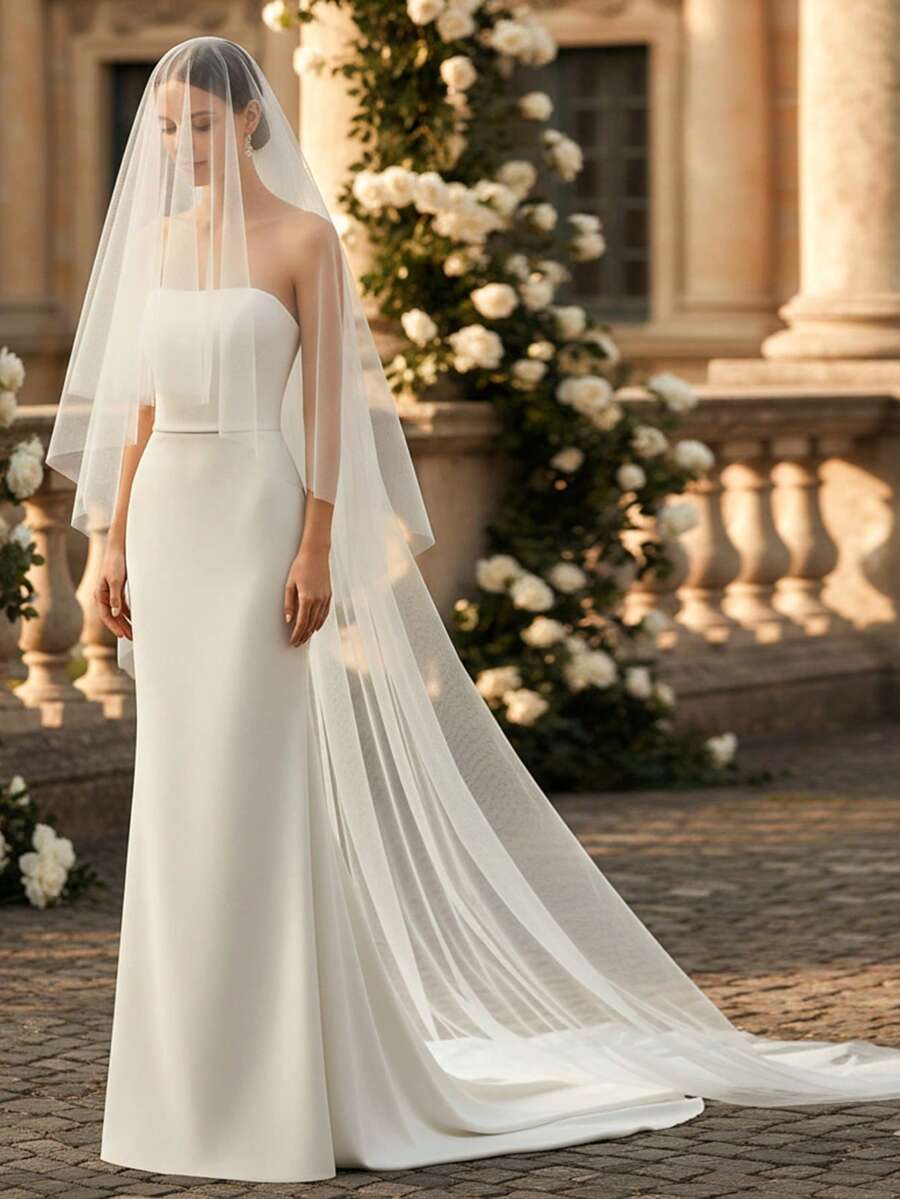 1 chiếc khăn voan cô dâu hai lớp tối giản dài 3 mét, chất liệu voan mềm mại, mỏng nhẹ, phù hợp với váy cưới nữ, đám cưới kiểu nhà thờ.