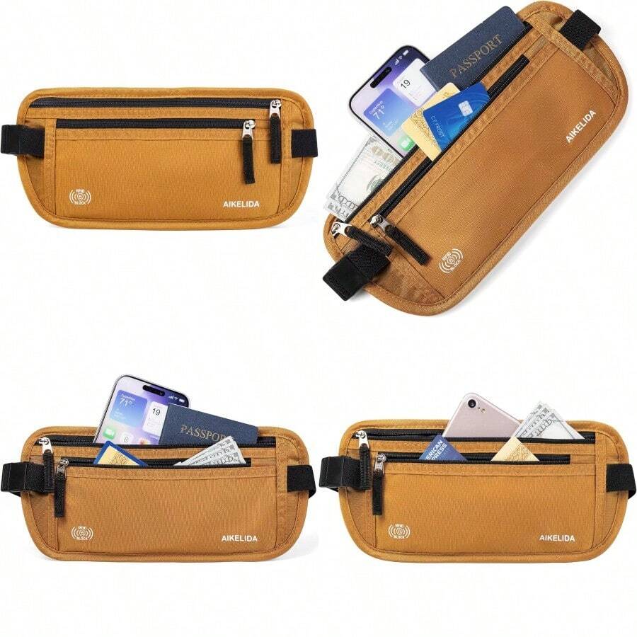 RFID Blocking Money Belt - Passport Holder And Travel Wallet Slim Hidden Fanny Packs For Women Men - Gold - D 金 - 查看 1