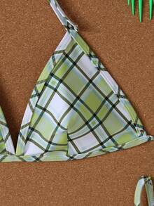 2pcs Women's Fresh Green Plaid Bikini Set With Neck Strap, Minimalist Style Vacation Swimwear, 2026 Summer Beach Holiday Outfit, Women's Birthday Dress, Women's Fitness Wear, Women's Elegant Dress, Women's Vacation Clothing, Women's Casual Top - Multicolor - View 4