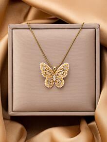 1 Pc 18K Gold Stainless Steel Cherry Butterfly Moon & Star Heart Pendant, Crystal Bow Charm Necklace, Spring Summer Jewelry For Women Daily Wear - Multicolor - View 10