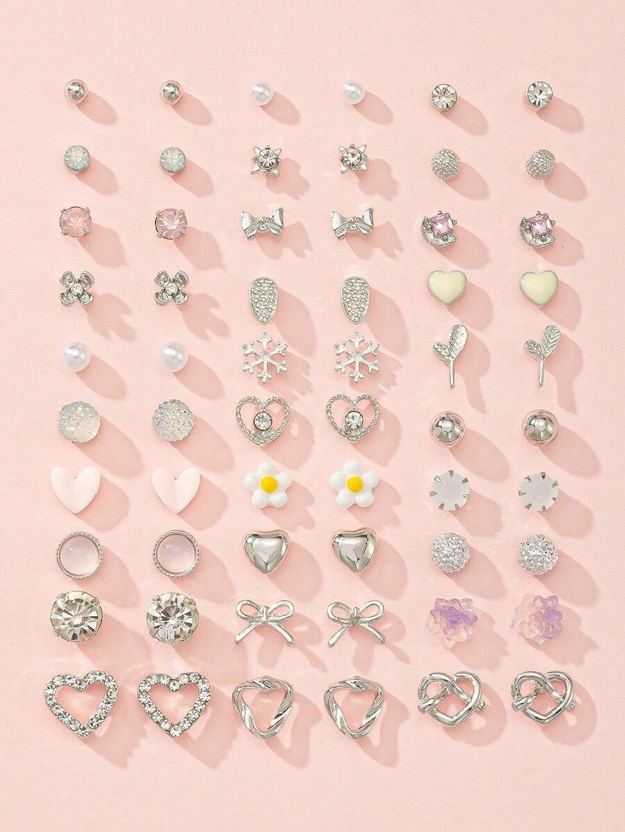 30 pares de pendientes de botón minimalistas y lindos con diseños de margarita, corazón brillante, copo de nieve y lazo, adecuados para uso diario, citas, vacaciones, playas y regalos - Plateado - Ver 1