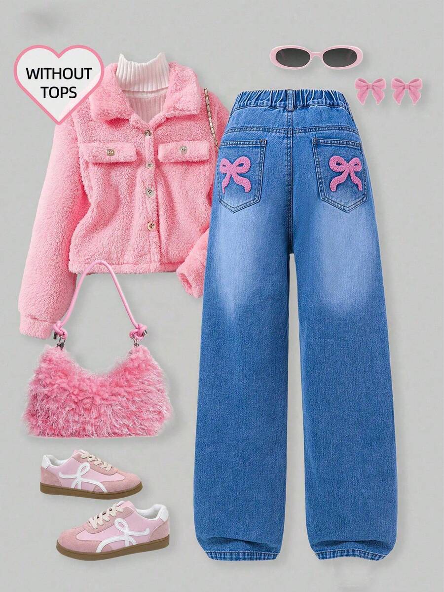 Jeans de niña con patrón bordado y cintura elástica, versátil para uso diario - Azul lavado medio - Ver 1