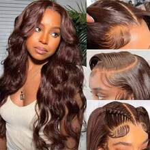 34 Inch Chocolate Brown Body Wave Lace Front Human Hair Wigs 200% Density Pre Plucked With Baby Hair 13x4 HD Transparent Lace Frontal Wigs #4 Brown Colored Human Hair Wigs For Women - S4 - 查看 2