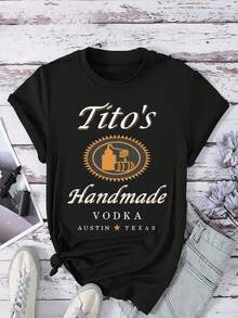 Camiseta de mujer 100% algodón 220g con gráfico de Tito's Vodka, Ustin Texas Handmade Spirits, casual - Negro - Ver 1