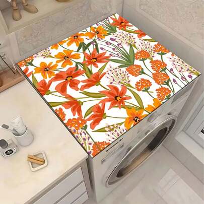 1pc White Base Orange-Red-Purple Floral Pattern, Washing Machine And Dryer Top Protective Pad, Diatomite, Washing Machine Dust Cover, Kitchen Accessory, Anti-Slip, Suitable For Laundry Room, Bathroom, Home Decor And Room Decoration