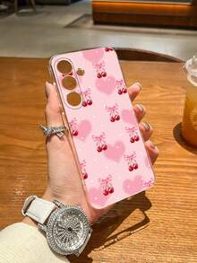 1PC "Pink Love Cherry" Pattern Design Phone Case | Transparent Shockproof, Minimalist Lens Design - Compatible With Galaxy A06/12/A13/A16/S21/S22/S23/824/S25/S25 Ultra - Fresh, Creative, Personalized, Cute Style, Perfect Gift For Friends, Girlfriends, And Female Colleagues. - Clear - View 4
