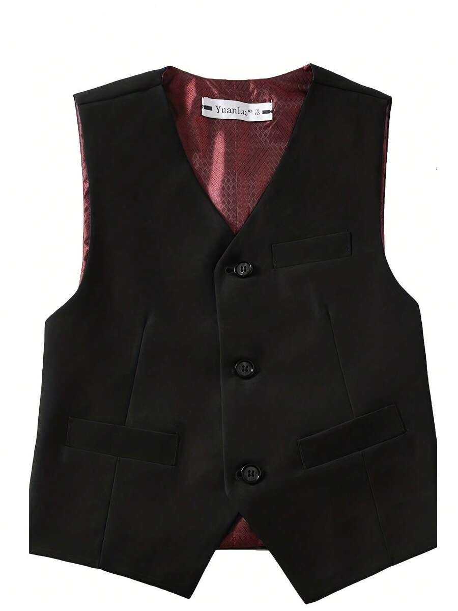 Chaleco formal para niños de 4 a 14 años, con correa ajustable en la espalda, bolsillos, adecuado para bodas, recitales de piano, color negro - Negro - Ver 1