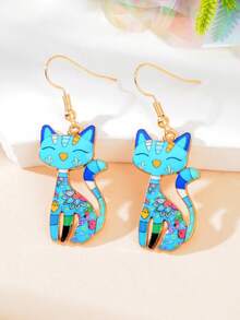 1对趣味花朵装饰蓝色珐琅动物猫咪吊坠耳环，适合派对、日常佩戴、节日佩戴，女士饰品 - 彩色 - 查看 3