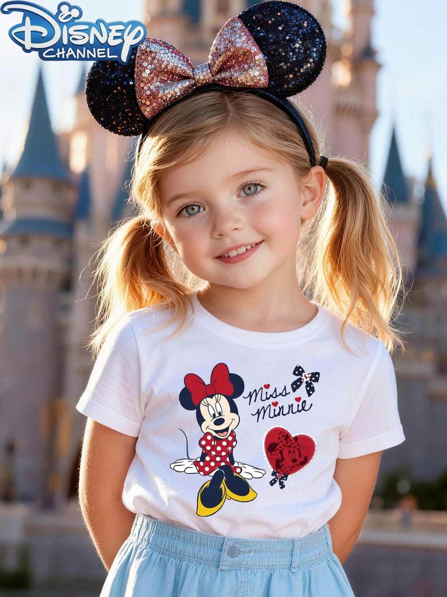 Disney Tops de bebé con estampado floral de Minnie Mouse y corazón, de cuello redondo y manga corta, apropiados para uso diario, cómodos y transpirables, de moda y versátiles. Son el regalo perfecto para niños. - Blanco - Ver 1
