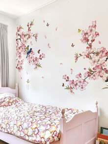 1 pieza Adhesivo de pared con rama de árbol de flor de durazno rosa y pájaro de fondo, pegatina de pared extraíble para decoración de dormitorio y sala de estar - 1PC - Ver 3