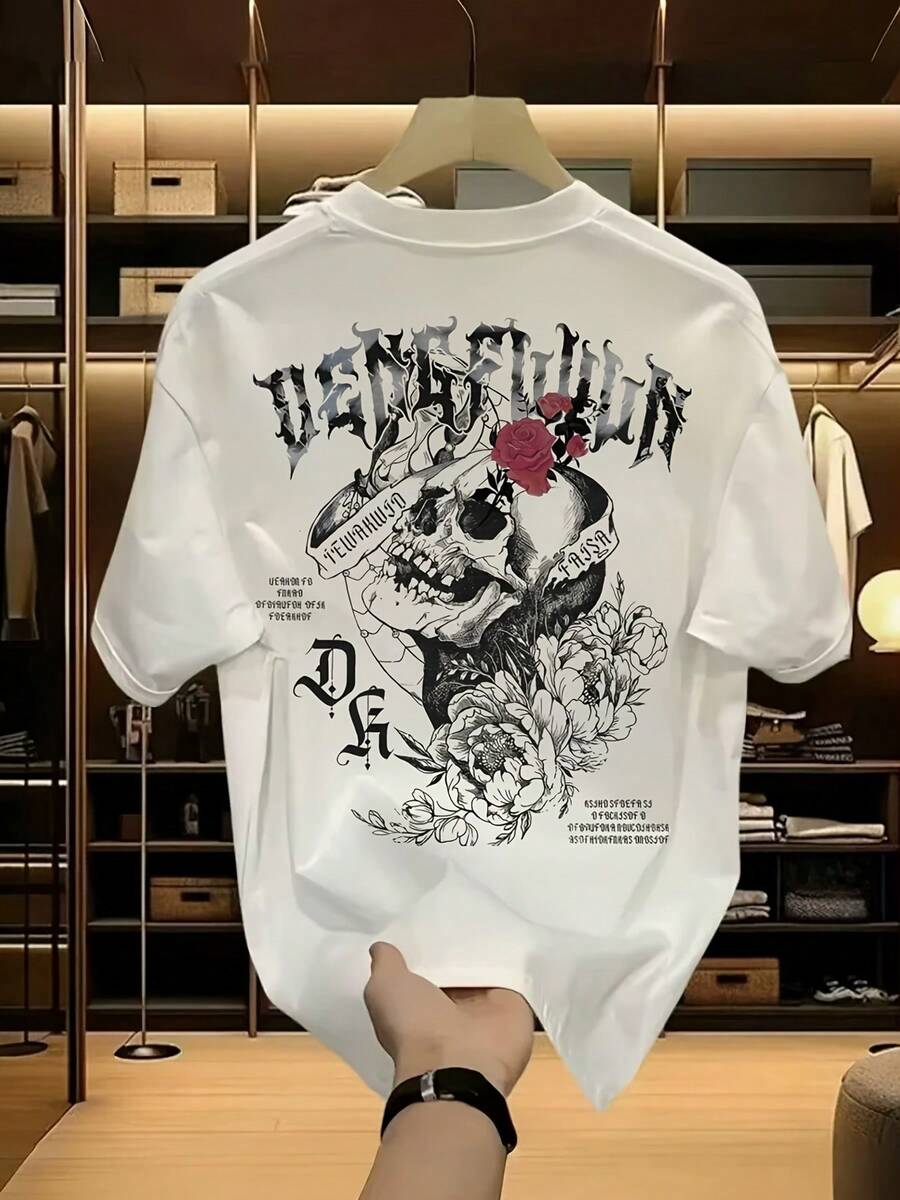 1PC Dark Rose Skull Printed Short Sleeve T-Shirt, Designed In American Street/Gothic Style, Featuring Personality, Eye-Catching, And Rebellious Feel. The Loose Fit Round Neck Short Sleeved T-Shirt Is Made Of Comfortable, Breathable, And Slightly Elastic Material, Suitable For Daily Outings, Skateboarding, Music Festivals, And Other Scenes. - trắng - Xem 1