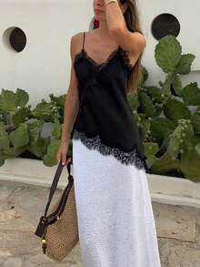 Women Satin Tops Y2K Lace Trim Camisole Asymmetrical Hem V-Neck Patchwork Tank Tops Spaghetti-Strap Backless Crop Tops Elegant Fashion Loose Cami Shirt Summer Blouse For Streetwear - 黑色 - 查看 2