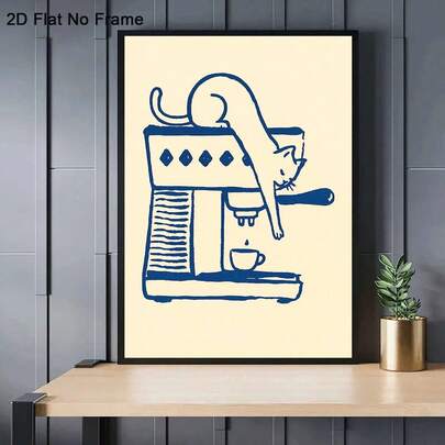 1pc Frameless Canvas Poster, Cute Cat Lying On Coffee Machine Drinking Coffee, Minimalist Line Art Style Wall Decor Painting, Suitable For Bedroom, Living Room, Kitchen, Hallway, Modern Ideal Home Decoration
