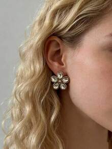 Fashionable Floral Crystal Earrings, Luxury Niche Design Earrings - Gold - View 4