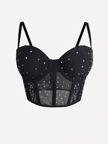 1pc Black Rhinestone Spaghetti Strap Tight Top - Mesh Panel Waist Cinching Bust Enhancing Sexy Chic For Dates & Parties - Black - View 6