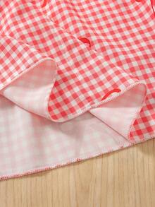 Girls' Casual Outing Fashion Plaid Bow Print Pattern Collar Ruffle Decor 3D Bow Design Flared Hem Square Neck Puff Sleeve Knee-Length Casual Dress, Spring/Summer - Red - View 9