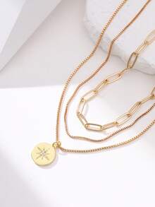 3pcs Cute & Unique Paper Clip Design Necklace With Shiny Round Pendant Inlaid Star Pattern, Women Jewelry Accessories - Yellow Gold - View 6