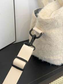 1pc Plush Material Multi-Compartment Tote Shoulder Bag, Open Top Design, Versatile For Commuting, Autumn/Winter - Beige - View 9