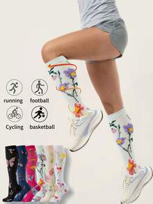 1/3/6 Pairs Women Compression Socks, Cute Pattern Breathable Knee-High Socks Suitable For Running, Fitness, Jumping Rope, Gym - Multicolor - View 8