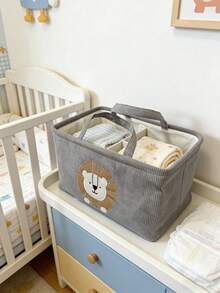 1个卡通狮子长颈鹿图案大号婴儿尿布收纳篮，纸绳收纳箱，带可拆卸隔板，便携式车载收纳袋，适用于存放尿布，是新生儿礼物和新生儿必需品的理想之选。 - 彩色 - 查看 10
