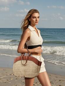 女士大容量帆布手提袋，新款时尚跨境帆布手提袋，时尚购物袋 - 棕色 - 查看 7