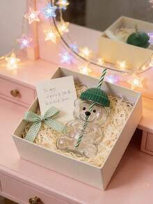 11.33oz Cute Bear Design Borosilicate Glass Cold Drink, Milk Tea Cup With Straw, Creative Glassware, Suitable As Girls Birthday Gift - Multicolor - View 3