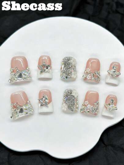 10 stuks handgemaakte plaknagels, eendennagels, korte nagels, witte nagels, Franse nagels, 3D-bedeltjes, decoratie, slang en ster, inclusief 3 nagelkunsttools, nagellijm en nagelbenodigdheden. Kunstnagels voor vrouwen en meisjes, geschikt voor feestjes, reizen, dagelijks gebruik, school, zomer, vakantie, muziekfestivals.