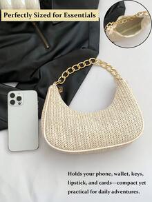 Fashionable Solid Color Woven Moon Shaped Women's Bag With Metal Chain Strap, Straw Crescent Women's Multipurpose Handbag,Casual Beach Vacation Style Shoulder Underarm Tote Bag, Eye-Catching Beach Bag, Hottest Beach Bags For Women, Fashion Summer Vacation Bag,Can Be Used As Handbag, Shoulder Bag, Tote Bag, Beach Bag, Casual Woven Bag, And Cell Phone Bag, Summer Essentials, Perfect For Vacation & Holiday, Beach Purse, Perfect For Summer, Vacation & Daily Use, Travel Must Haves[US Local Warehouse]The Best Gift Choice, Birthday Gift - 彩色 - 查看 7