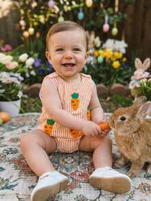 Mono de Pascua para bebé con cuello redondo, sin mangas, con estampado de zanahoria y conejo bordado a rayas - Naranja - Ver 5