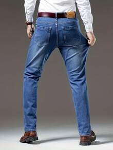 Men's Pure Cotton Slim Fit Straight Leg Jeans Solid Color Slim Fit Style Dark Denim Long-Length Solid Color Workwear Pants Husband/Boyfriend Gift Work/Outings/Urban/Vacation/Campus Wear Solid Color Regular Fit Men's Jeans Christmas Gift For Husband And Father Men's Jeans - 藍色 - 查看 2