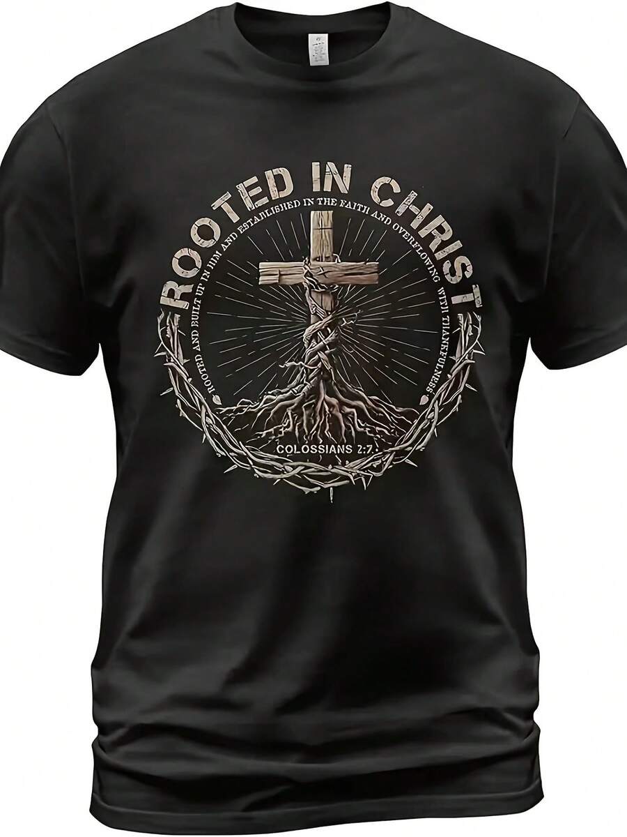 Camiseta negra con diseño inspirador de raíz en Cristo ideal para jóvenes de México estilo urbano y exclusivo para hombres con cruz estilizada mensaje positivo moda espiritual personaliza tu look con esta prenda única que destaca origen y fe además de brindarte comodidad en cualquier ocasión - Negro - Ver 1