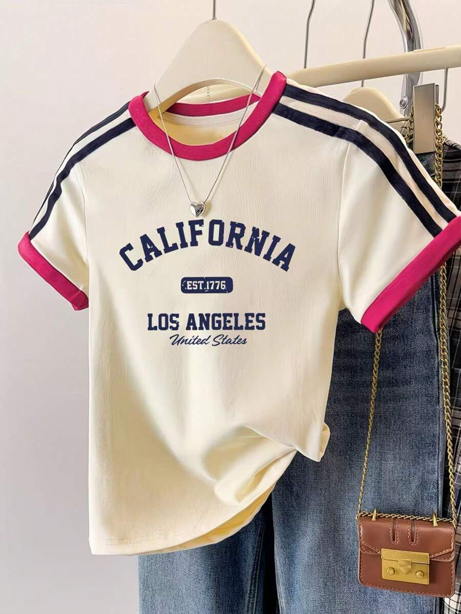 Women's Casual Contrast Color Side Stripe T-Shirt, College Style Daily Wear Short Sleeve, Summer Patchwork Minimalist Letter & Number Print Slim Fit Round Neck Top - Apricot - View 1