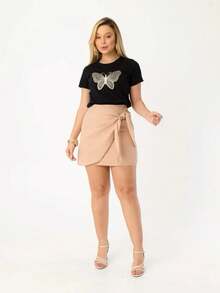 Blusa Feminina 100% Algodão Borboleta Com Strass Premium - Preto - Visão 4