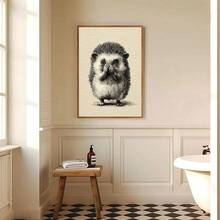 1幅带框/不带框复古刺猬遮住鼻子趣味动物帆布海报，乡村风格浴室墙面艺术印刷品，简约田园风厕所装饰，可爱复古画作，适用于卫生间、卧室、现代家居装饰 - A - 查看 2