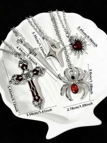 Y2K复古哥特朋克摇滚风红心宝石玫瑰十字心红宝石蜘蛛剑吊坠项链不锈钢链个性化嘻哈项链套装可叠戴，男女皆宜 - 銀色 - 查看 4