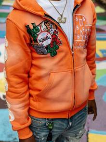 European And American Joint Hip Hop Hoodie Personalized Embroidery Zipper Hooded Ins Wind Hiphop Sweater - 橘色 - 查看 1