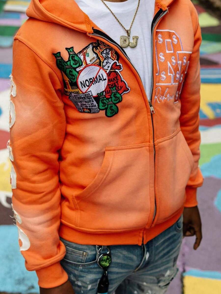 European And American Joint Hip Hop Hoodie Personalized Embroidery Zipper Hooded Ins Wind Hiphop Sweater - 橘色 - 查看 1