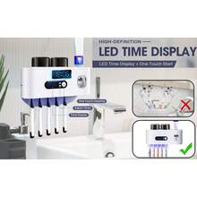 Smart Toothbrush Sterilizer (1 Unit) - USB Charging + Clock - 5-Slot Storage Brush Holder - Includes 2 Cups + Automatic Toothpaste Dispenser - Modern Bathroom Plastic Storage Rack For Dental Hygiene Essentials - White (applies to Smooth Walls Only) - View 2
