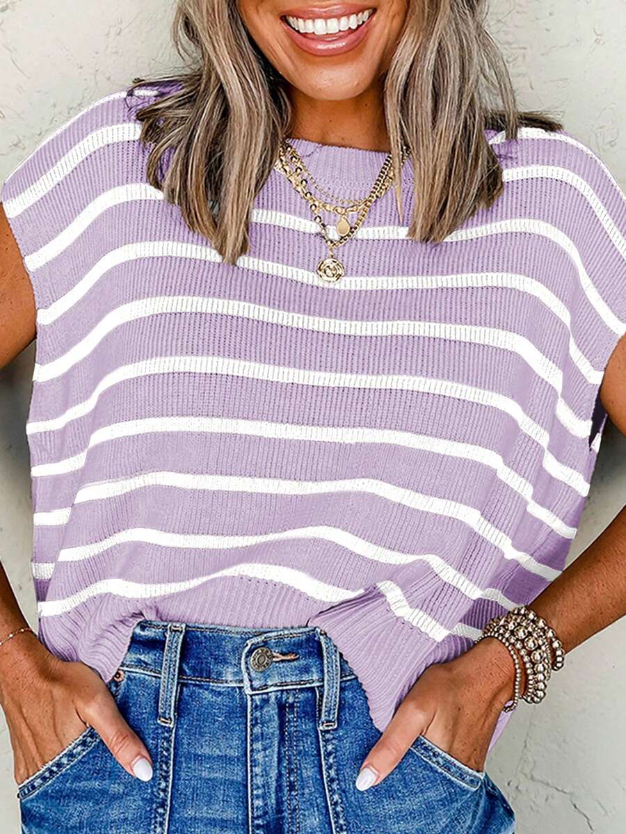 CILKOO Atasan Rajut Lengan Pendek Leher Bulat dengan Belahan Samping Bergaris untuk Wanita, Musim Gugur dan Musim Panas - Mauve Purple - View 1