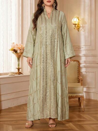 Solessence Plus Size Women's Elegant V-Neck Embroidered Sequin Maxi Arabic Style Dress, Modest Kaftan