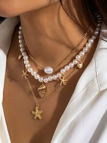 1 Set de 3 o 4 piezas de collar con colgante de aleación de zinc con conchas y estrellas de mar con perlas ABS falsas, regalo de vacaciones de verano y uso diario - Amarillo Oro - Ver 12