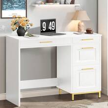 Modern Computer Desk With 4 Drawers, Modern Home Office Desks With Golden Handles And Drawers, Computer Table For Small Spaces, Black/ White - White - View 7
