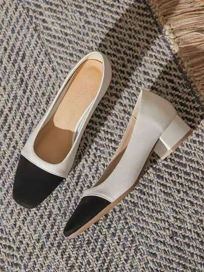 春季软皮方头高跟鞋，舒适橡胶鞋底低跟黑色休闲工作鞋