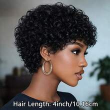 Afro Kinky Curly Bob Wig With Bangs Brazilian Human Hair Wig For Women Short Water Curly Pixie Cut Remy Human Hair Wig Full Machine Made 4" 200% Density For Daily Wear & Cosplay & Parties & Music Festival & Valentine's Day - Natural Black - View 5