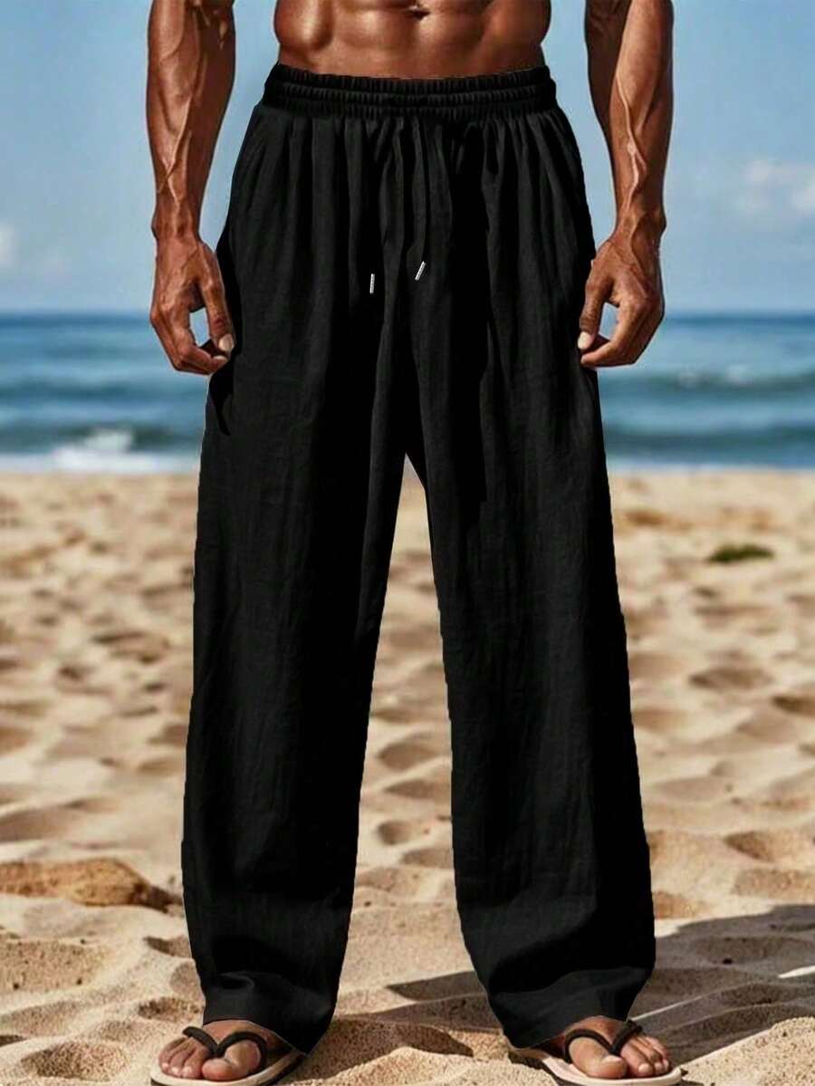 Men's Casual Linen Beach Pants, Fashionable Lightweight Outdoor Sports Trousers For Summer - Black - View 1