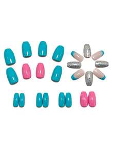 24pcs Reusable Shiny Pink Glitter Striped Matte Square False Nails With Glue, Suitable For Women & Fashionistas, Includes 1 Nail File, Y567 Orange Stripe Nail Supplies - Multicolor - View 2