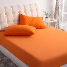3pcs Solid Color Fitted Sheet Set  With 1pc Fitted Sheet+2pcs Pillow Case Without Filler, Modern Soft Bedding Set For Household Sheet Deep Pocket Up To 15 Inch - 橘色 - View 2