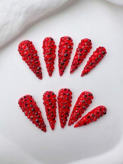 Stiletto Nails Handmade Press-On Nails With Red Y2K-Toned Solid Color Tips, Minimalist Full-Cover Rhinestone Glitter & 3D Designs - Full Cover Handmade DIY Glitter Artificial Nails For Parties, Daily Wear, Special Events & Creative Nail Art - 10 Pieces/Bag